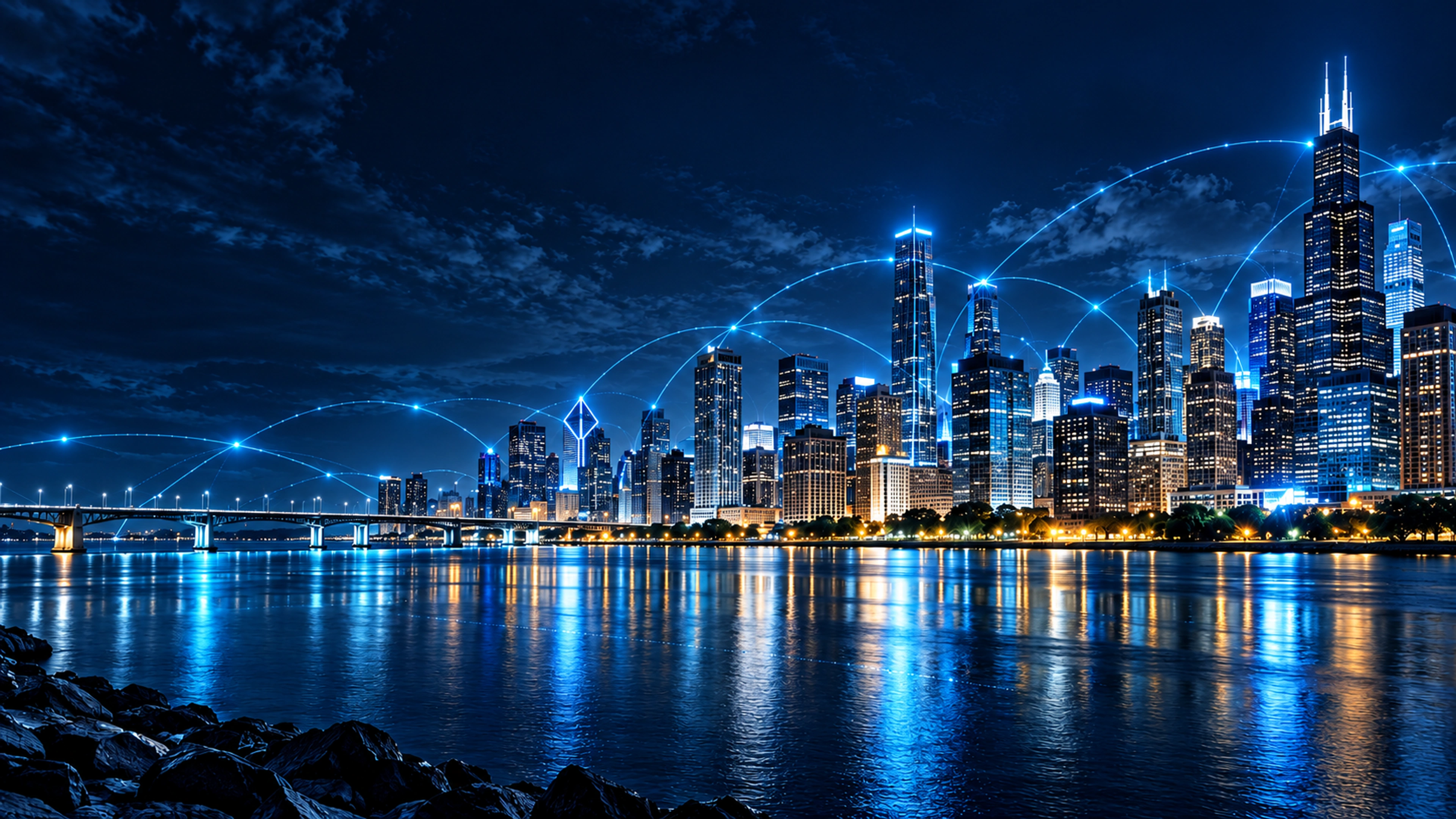 Cinematic city skyline connected by glowing telecom networks