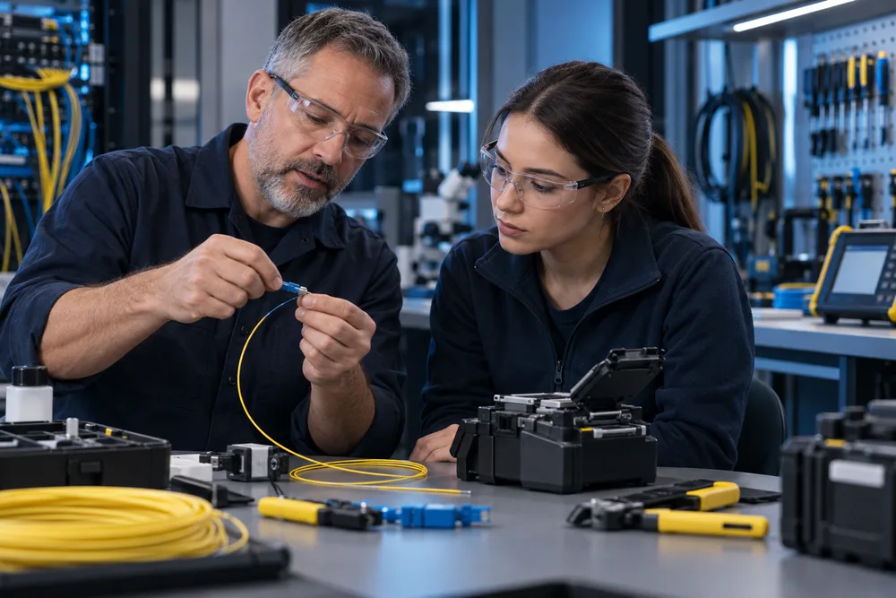 Fiber technicians developing field installation skills — illustrative image